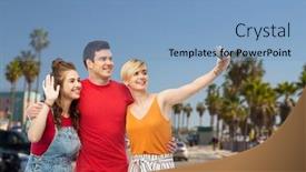 Presentation with tourism selfie - PPT theme enhanced with travel tourism and summer holidays concept - group of happy smiling friends taking selfie by smartphone and hugging over venice beach background in california background and a light blue colored foreground