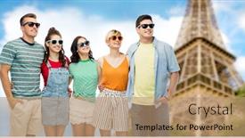  Presentation with travel friends - Slides enhanced with travel tourism and summer holidays concept - group of happy smiling friends in sunglasses hugging over eiffel tower background background and a coral colored foreground