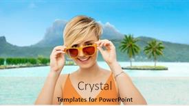  Presentation with island resort - Slides having travel tourism and summer holidays concept - portrait of happy smiling teenage girl in sunglasses at touristic resort over bora bora island beach background background and a coral colored foreground