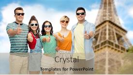  Presentation with travel friends - Amazing PPT layouts having travel tourism and summer holidays concept - group of happy smiling friends in sunglasses showing thumbs up over eiffel tower background backdrop and a coral colored foreground
