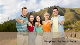  Presentation with travel friends - Amazing PPT layouts having travel tourism and summer holidays concept - group of happy smiling friends hugging pointing at you over big sur hills and road background in california backdrop and a coral colored foreground