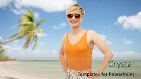  Presentation with summer trees - PPT theme featuring travel tourism and summer holidays concept - happy smiling young woman in sunglasses over exotic tropical beach with palm trees background background and a coral colored foreground
