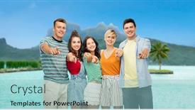  Presentation with island resort - Beautiful slides featuring travel tourism and summer holidays concept - group of happy smiling friends hugging pointing at you at touristic resort over bora bora island beach background backdrop and a light blue colored foreground