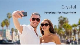  Presentation with tourism selfie - Presentation design consisting of travel tourism and technology concept - smiling couple in sunglasses making selfie by smartphone over venice beach background in california background and a light blue colored foreground