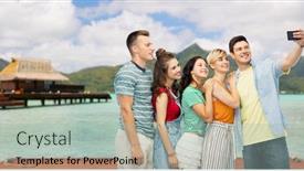  Presentation with tourism selfie - Colorful slides enhanced with travel tourism and technology concept - group of happy smiling friends taking selfie by smartphone over bora bora background backdrop and a mint green colored foreground