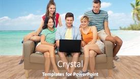  Presentation with polynesia - Amazing slides having travel tourism and technology concept - group of happy smiling friends with laptop computer sitting on sofa over tropical beach background in french polynesia backdrop and a coral colored foreground