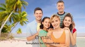 Presentation with polynesia - Cool new presentation with travel tourism and vacation concept - group of happy smiling friends over tropical beach background in french polynesia backdrop and a coral colored foreground