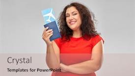  Presentation with passport travel - Slide deck with travel tourism and vacation concept - happy woman in red dress with passport and air ticket over grey background background and a coral colored foreground