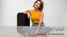  Presentation with mustard yellow - Slide deck having travel tourism and vacation concept - happy smiling young woman in mustard yellow top with air ticket camera map and carry-on bag over grey background background and a light gray colored foreground