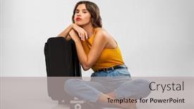  Presentation with mustard yellow - Audience pleasing PPT theme consisting of travel tourism and vacation concept - sad young woman in mustard yellow top with air ticket camera map and carry-on bag over grey background backdrop and a light gray colored foreground