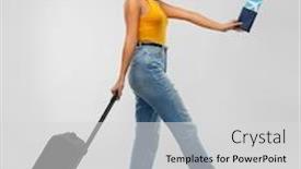  Presentation with mustard yellow - Cool new slide deck with travel tourism and vacation concept - happy laughing young woman in mustard yellow top with air ticket passport and carry-on bag over grey background backdrop and a light gray colored foreground