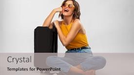  Presentation with mustard yellow - Amazing PPT theme having travel tourism and vacation concept - happy laughing young woman in mustard yellow top with air ticket camera map and carry-on bag over grey background backdrop and a light gray colored foreground