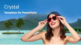  Presentation with polynesia - Amazing presentation theme having travel tourism and valentines day concept - happy smiling young woman with red lipstick and heart shaped sunglasses over bora bora resort beach background in french polynesia backdrop and a teal colored foreground