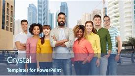  Presentation with diversity women - Colorful PPT theme enhanced with travel tourism diversity ethnicity and people concept - international group of happy smiling men and women over dubai city street background backdrop and a ocean colored foreground