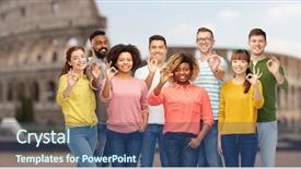  Presentation with diversity women - Cool new slide deck with travel tourism diversity ethnicity and people concept - international group of happy smiling men and women showing ok hand sign over coliseum background backdrop and a ocean colored foreground