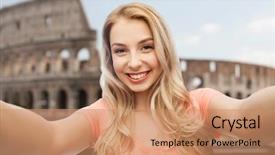  Presentation with tourism selfie - Slide set featuring travel tourism emotions expressions and people concept - happy smiling young woman taking selfie over coliseum background background and a coral colored foreground