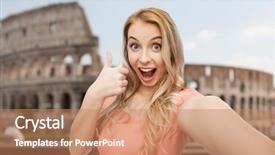  Presentation with tourism selfie - Slides having travel tourism emotions expressions and people concept - happy smiling young woman taking selfie and showing thumbs up over coliseum background background and a coral colored foreground