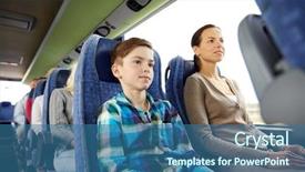  Presentation with family tourism - Amazing slides having travel tourism family technology and people concept - happy mother and son riding in travel bus backdrop and a ocean colored foreground
