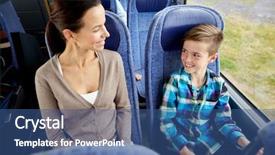  Presentation with family tourism - Amazing slide set having travel tourism family technology and people concept - happy mother and son riding in travel bus backdrop and a ocean colored foreground