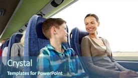  Presentation with family tourism - Colorful PPT theme enhanced with travel tourism family technology and people concept - happy mother and son riding in travel bus backdrop and a ocean colored foreground