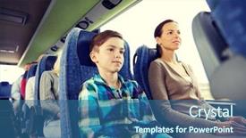  Presentation with family tourism - Audience pleasing PPT theme consisting of travel tourism family technology and people concept - happy mother and son riding in travel bus backdrop and a ocean colored foreground