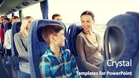  Presentation with family tourism - Beautiful presentation theme featuring travel tourism family technology and people concept - happy mother and son riding in travel bus backdrop and a ocean colored foreground