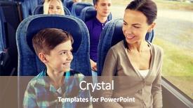  Presentation with family tourism - Presentation design enhanced with travel tourism family technology and people concept - happy mother and son riding in travel bus background and a coral colored foreground