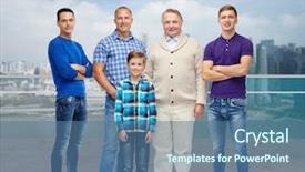  Presentation with singapore tourism - Amazing PPT layouts having travel tourism generation and people concept - group of smiling men and boy over singapore city background backdrop and a ocean colored foreground