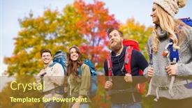  Presentation with travel friends - Cool new PPT theme with travel tourism hike and people concept - group of smiling friends with backpacks hiking over autumn trees background backdrop and a gold colored foreground