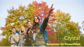  Presentation with travel friends - Audience pleasing PPT theme consisting of travel tourism hike and people concept - group of smiling friends with backpacks hiking over autumn trees background backdrop and a tawny brown colored foreground