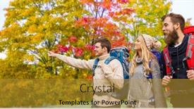  Presentation with travel friends - Beautiful slides featuring travel tourism hike and people concept - group of smiling friends with backpacks hiking over autumn trees background backdrop and a gold colored foreground