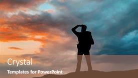  Presentation with far away - Amazing theme having travel tourism hike and people concept - traveler with backpack standing on edge of hill and looking far away over sunset background backdrop and a coral colored foreground