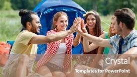  Presentation with travel friends - Theme enhanced with travel tourism hike and people concept - group of happy friends with tent making high five at camping background and a coral colored foreground