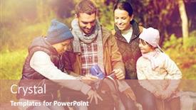  Presentation with family tourism - Colorful presentation design enhanced with travel tourism hike and people concept - happy family with backpack and thermos at camp backdrop and a coral colored foreground