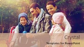  Presentation with family tourism - Presentation theme having travel tourism hike and people concept - happy family sitting on bench and drinking hot tea from cups at camp in woods background and a coral colored foreground