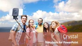  Presentation with tourism selfie - Colorful presentation enhanced with travel tourism hike and technology concept - group of smiling friends with backpacks taking picture by smartphone on selfie stick over big sur coast of california background backdrop and a coral colored foreground