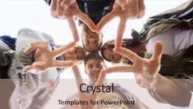  Presentation with travel friends - Presentation enhanced with travel tourism hike gesture and people concept - group of smiling friends with backpacks standing in circle and showing victory sign outdoors background and a coral colored foreground