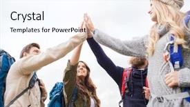  Presentation with travel friends - Presentation enhanced with travel tourism hike gesture and people concept - group of smiling friends with backpacks making high five outdoors background and a cool aqua colored foreground