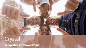  Presentation with travel friends - Slide deck consisting of travel tourism hike gesture and people concept - group of smiling friends with backpacks standing in circle and showing thumbs up outdoors background and a coral colored foreground