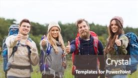  Presentation with travel friends - Slide deck with travel tourism hike gesture and people concept - group of smiling friends with backpacks standing and showing thumbs up outdoors background and a tawny brown colored foreground
