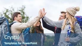  Presentation with travel friends - Slide deck enhanced with travel tourism hike gesture and people concept - group of smiling friends with backpacks making high five outdoors background and a ocean colored foreground