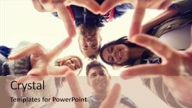  Presentation with travel friends - Cool new PPT theme with travel tourism hike gesture and people concept - group of smiling friends with backpacks standing in circle and showing victory sign outdoors backdrop and a coral colored foreground