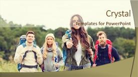  Presentation with travel friends - Theme having travel tourism hike gesture and people concept - group of smiling friends with backpacks standing and showing thumbs up outdoors background and a cream colored foreground