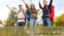  Presentation with travel friends - Presentation theme having travel tourism hike gesture and people concept - group of smiling friends with backpacks raising hands over natural background background and a gold colored foreground