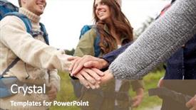  Presentation with travel friends - Beautiful PPT layouts featuring travel tourism hike gesture and people concept - group of smiling friends with backpacks putting hands on top of each other backdrop and a coral colored foreground