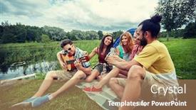  Presentation with travel friends - PPT layouts enhanced with travel tourism hike picnic and people concept - group of happy friends with tent and drinks playing guitar at camping background and a coral colored foreground