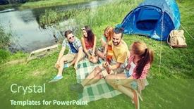  Presentation with travel friends - Beautiful presentation theme featuring travel tourism hike picnic and people concept - group of happy friends with tent and drinks playing guitar at camping backdrop and a tawny brown colored foreground