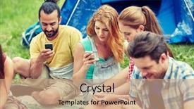  Presentation with travel friends - Presentation theme having travel tourism hike technology and people concept - group of friends with smartphone and tent at camping background and a coral colored foreground