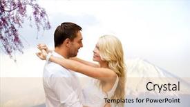  Presentation with honeymoon - Slide set enhanced with travel tourism honeymoon people and love concept - happy couple hugging over fuji mountain background background and a coral colored foreground