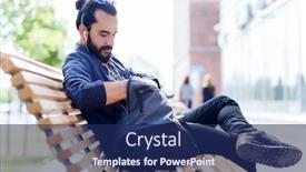  Presentation with man sitting bench - Audience pleasing presentation consisting of travel tourism lifestyle and people concept - man with earphones and sunglasses sitting on city bench and looking for something in his backpack backdrop and a navy blue colored foreground
